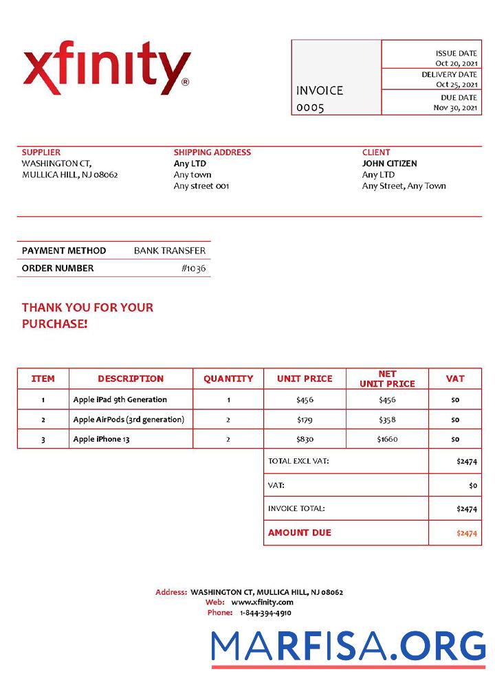 Realistic USA Xfinity invoice template